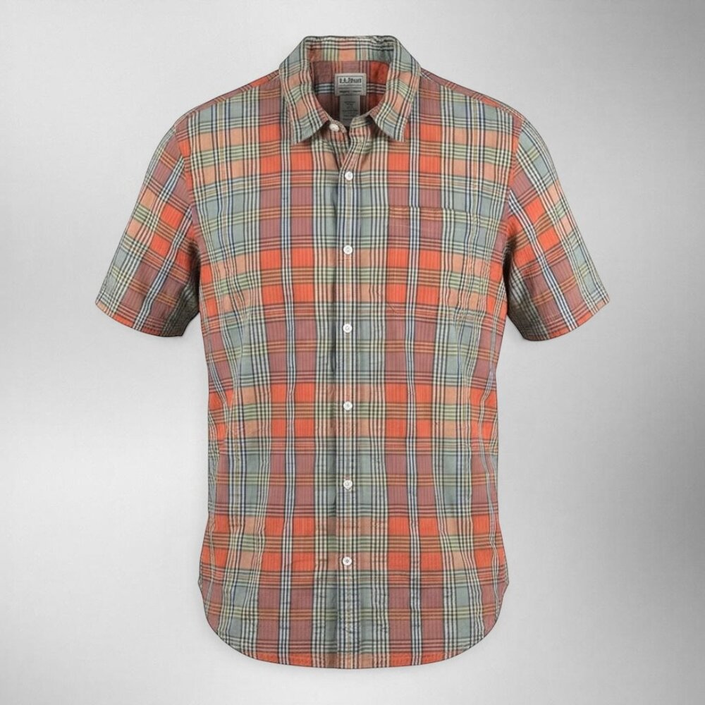 LL Bean Plaid Short Sleeve Shirt Mens Large Organic Cotton